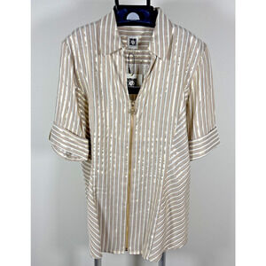 NWT Anne Klein Metallic Striped Zip Up Blouse 3/4 Sleeve Gold & Tan Women's Sz M